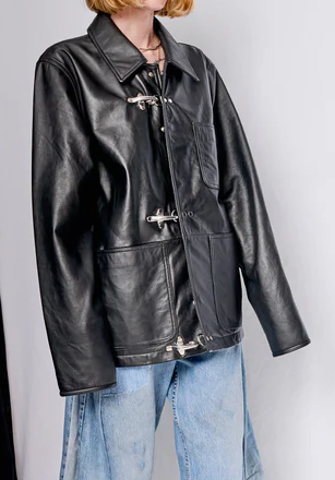 Black Leather Fireman Field Coat - jnjjackets
