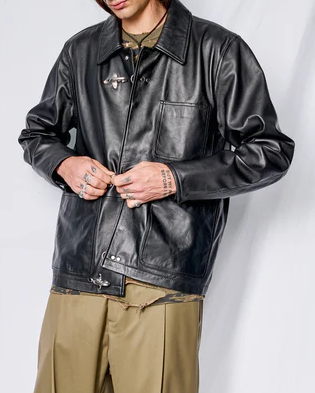 Black Leather Fireman Field Coat - jnjjackets
